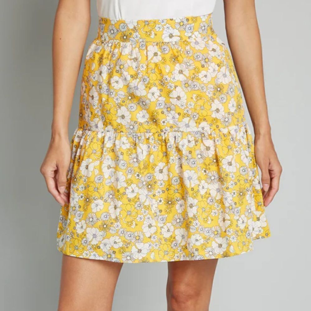 Modcloth Yellow Floral Tiered Skater Skirt